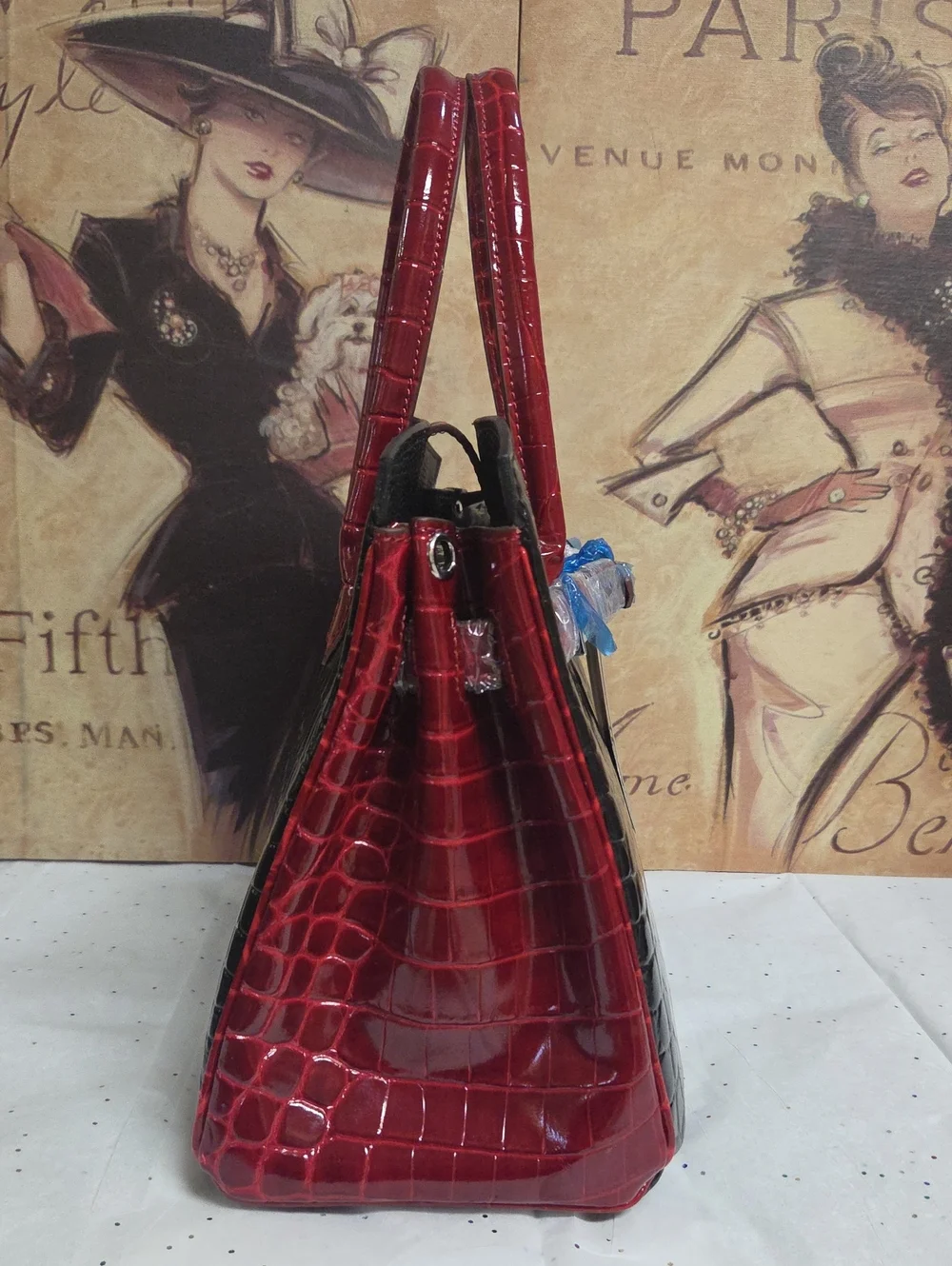 Santo By Paolo De Santo Black Croc-Embossed Tote with Red Trim